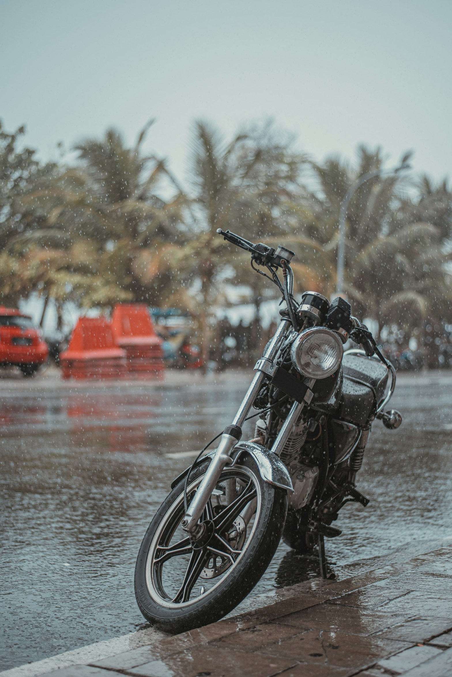 a motorcycle in the rain