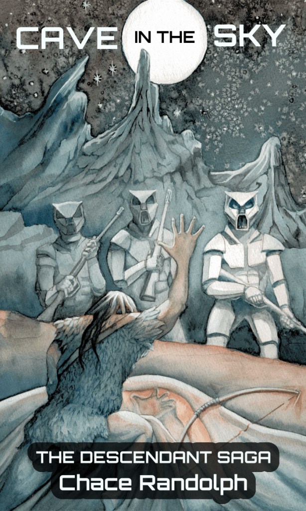 Cover for the second book in The Descendant Saga, Cave in the Sky. Depicting the hero of the first book ZostaMax surrender to three ZKS space marines.