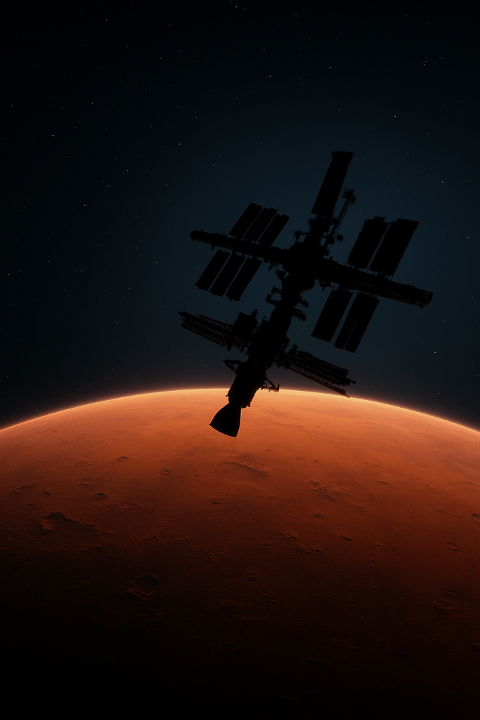 A generated image of a space station in orbit over Mars, during the early expansion as humanity works to establish their first permanent off earth colony.